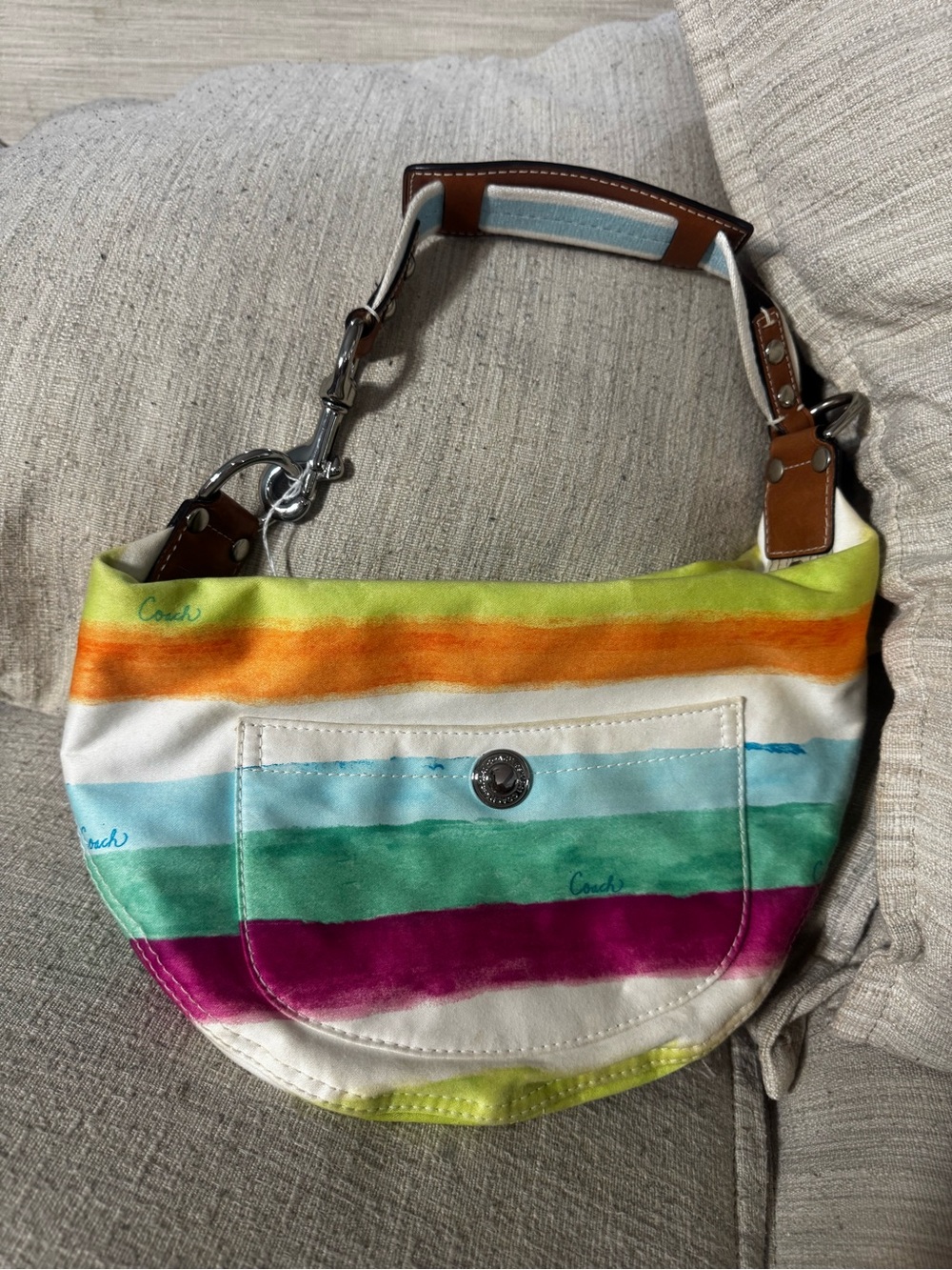 Coach Multicolor Striped Canvas Hobo with Leather Trim